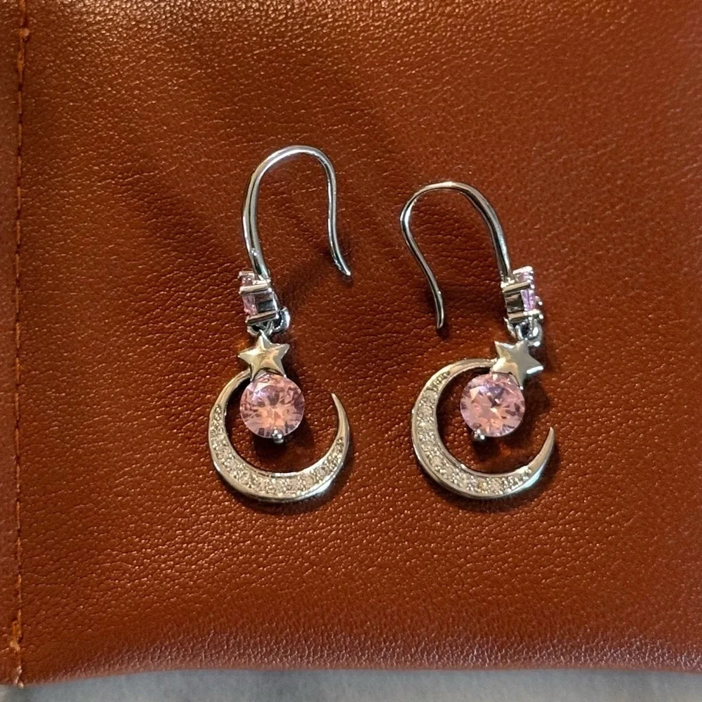 NWOT 925 Sterling Silver Pin Crushed Ice CZ Necklace & Pink Dangling Earrings